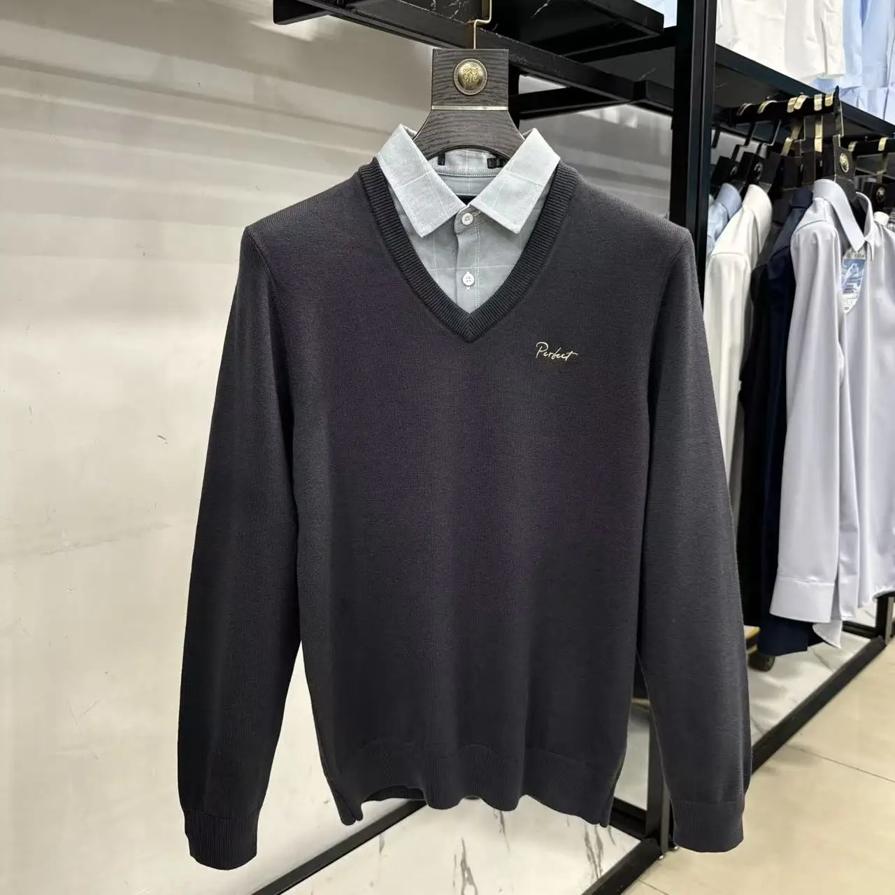 

Весенне-осенний вязаный свитер, открытый кардиган, двойной воротник, вышитый, приталенный, мужской Faion Urban Sle Long Sve irt Co...