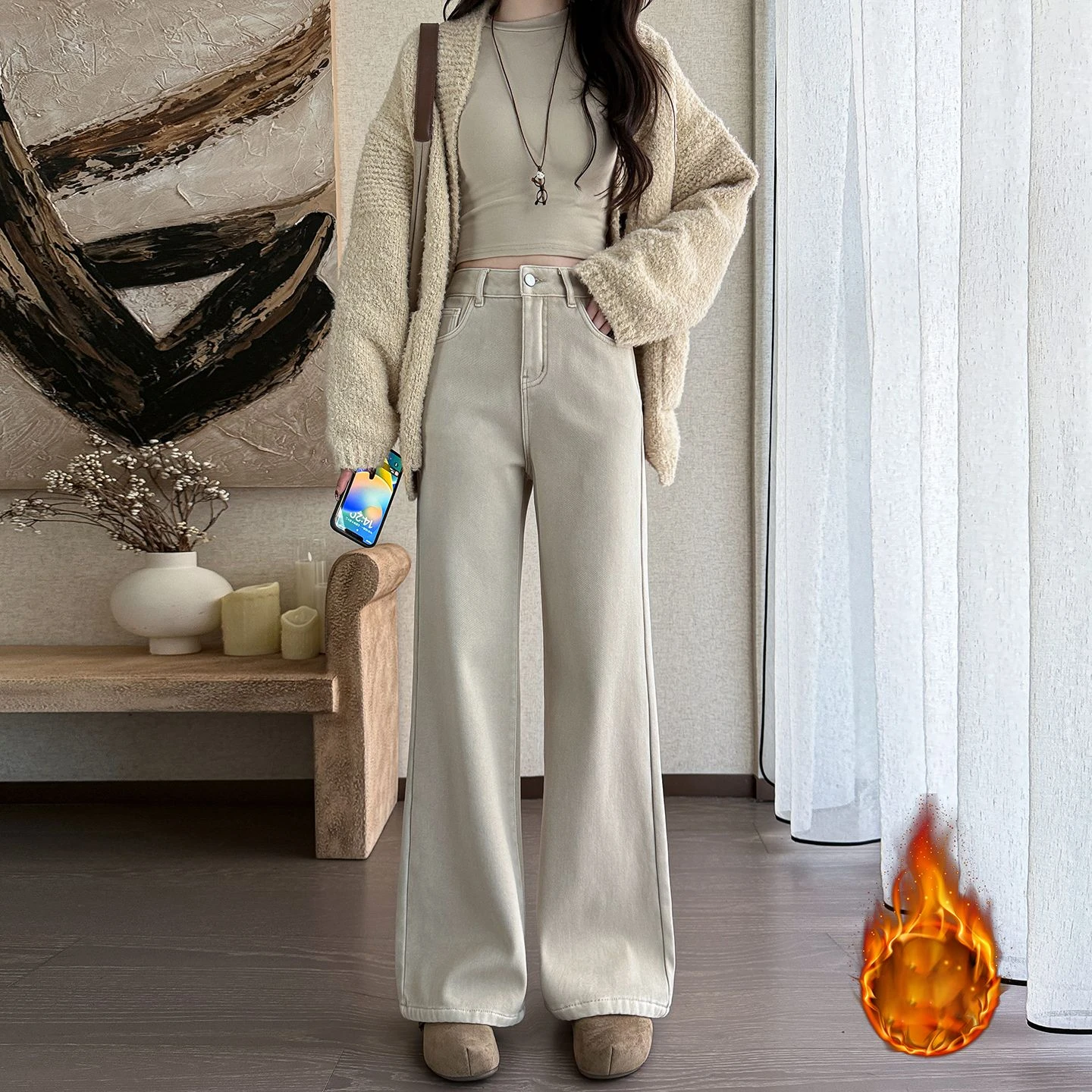 ZHISILAO New Beige Thick Warm Jeans Women Vintage Causal Fur Warm Wide Leg Straight Ankle-length Denim Pants Streetwear 2025