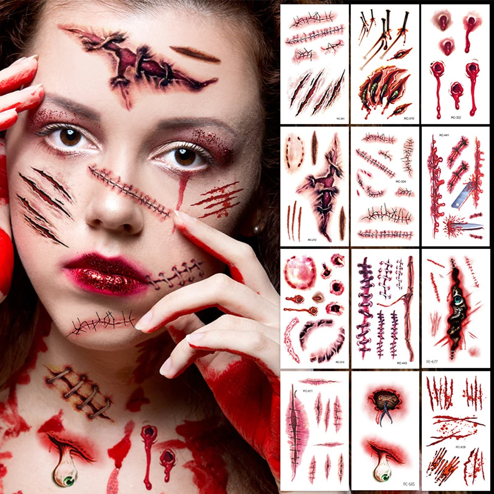30pcs Waterproof Bleeding Wound Scar Tattoo Stickers for Halloween Party Realistic Temporary Tattoos for Women Men Fake Tattoo