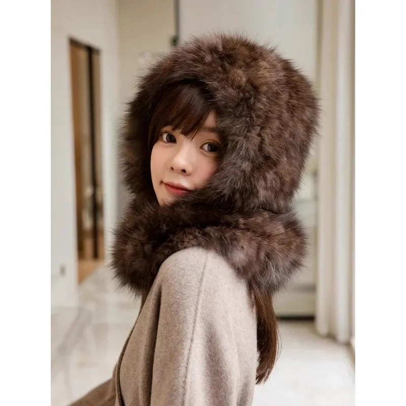 Harppihop sable hat women's winter fur sable scarf with hat integrated fur hat warm and cold scarf