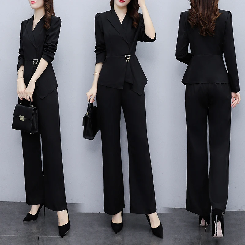 Elegant Women Business Suit 2Pcs Summer Autumn Fashion Blazer Commuter Pants Sets Korean Office Lady Female Large Size Outfit