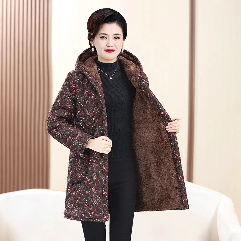 Fleece Jacket For Women Floral Cotton Coat Middle-Aged And Elderly Mothers Thick Medium Length Hooded Winter Outerwear Z4744