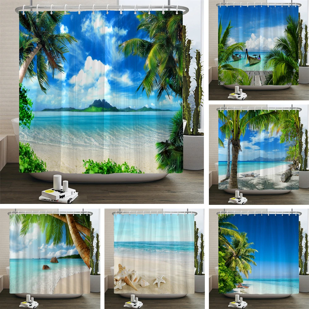 

3D Sunny Beach Printed Fabric Shower Curtains Waterproof Ocean Sea Scenery Bath Curtain for Bathroom Decoration with 12 Hooks