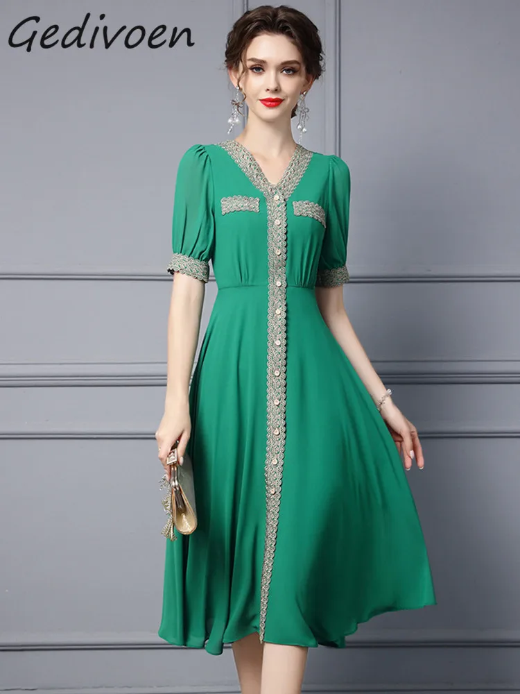 

Gedivoen Summer Fashion Runway Green Midi Dress Women V-Neck Embroidery Button High Waist Big Swing Bohemian Party Ruffle Dress