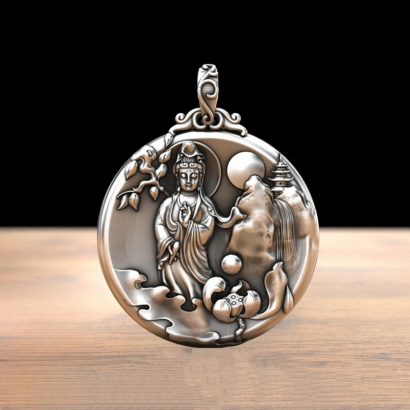 BOCAI S999 Sterling Silver Pendants for Women Men New Fashion Round Lotus Avalokitesvara Guardian Buddha Jewelry Wholesale