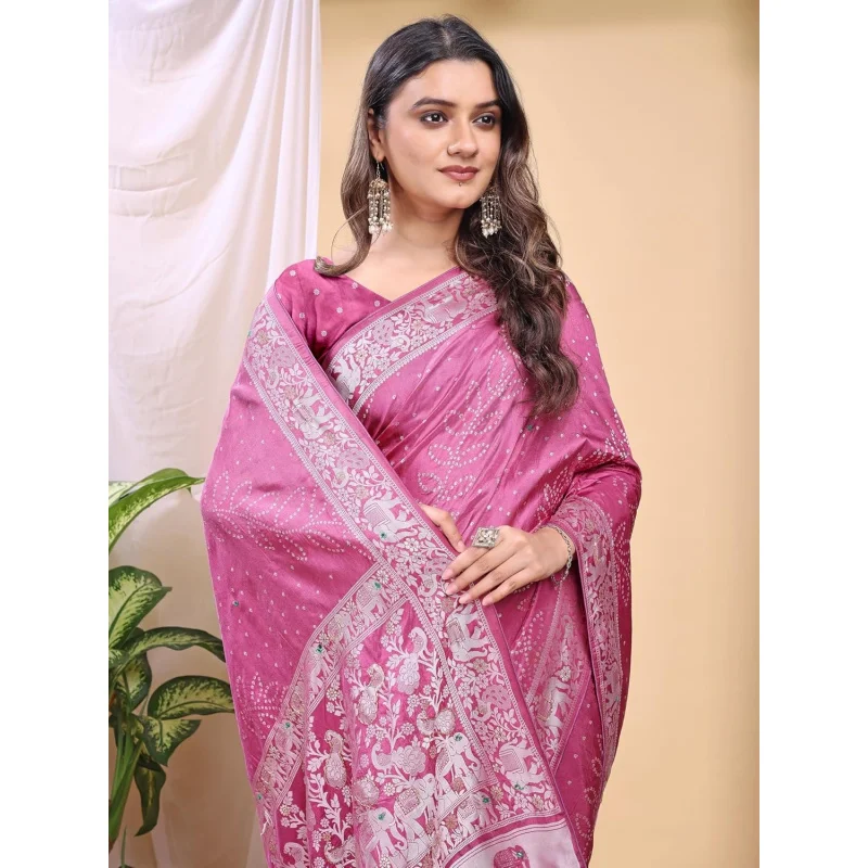 Women’s Pink Banarasi Silk Saree with Zari Woven Border & Blouse Piece – Traditional Indian Wedding Party Saree - view 5
