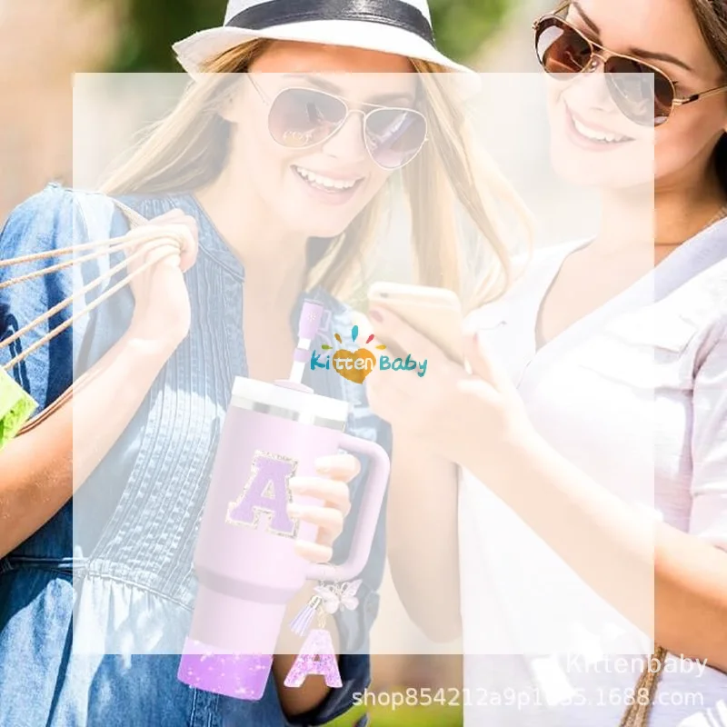6PCS Accessories Set For Cup Purple 30oz 40oz Tumbler Silicone Straw Topper Cover Cap Boot Handle Charm Initials Sticker