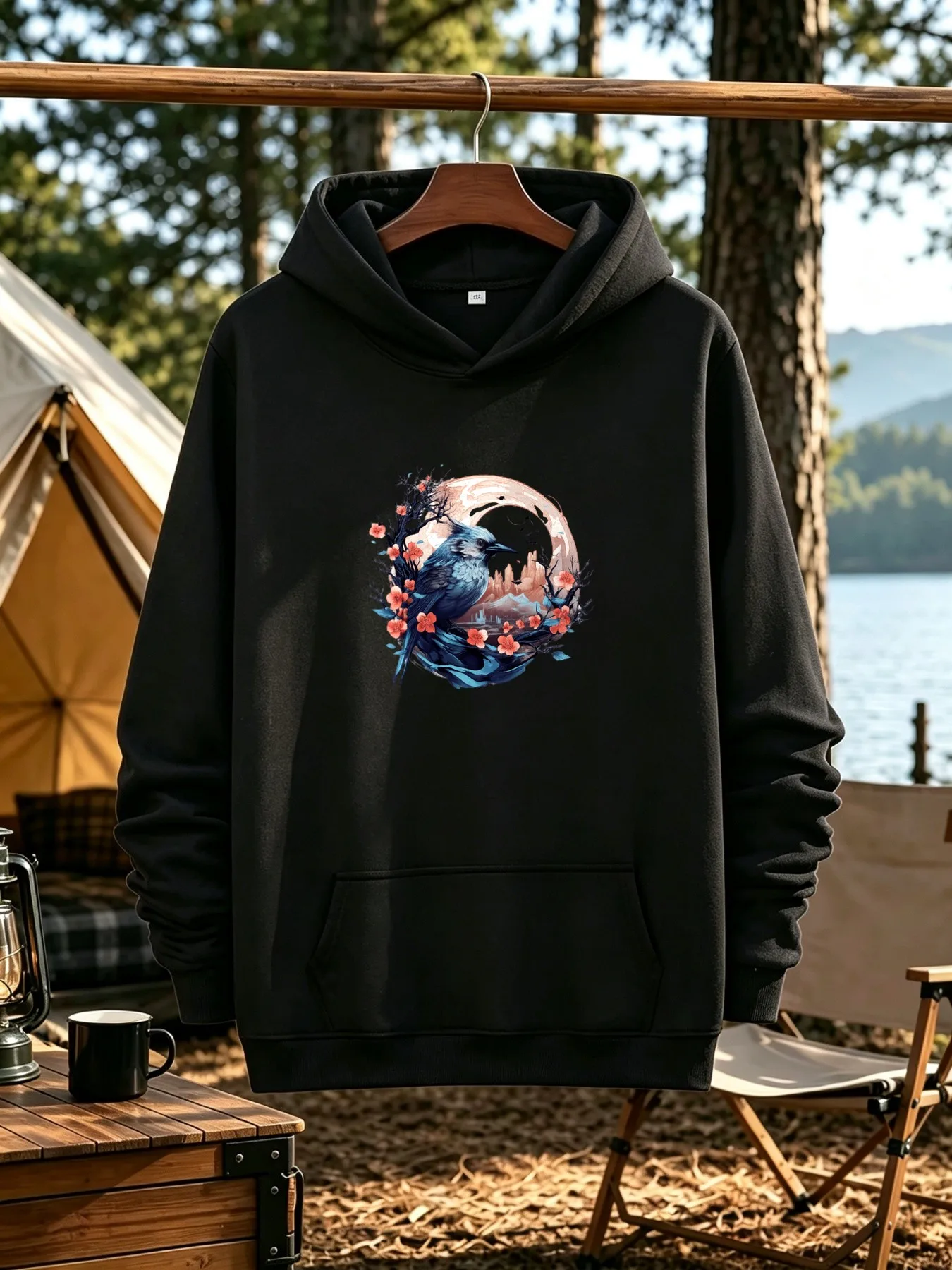 Men's Retro American-Style Hooded Sweatshirt, Psychedelic Blue Bluejays Design with Pink Flowers and Dreamy Cityscape, Casual Basic Style, Loose Fit, Suitable for Everyday Outdoor Wear in Autumn and Winter, Long Sleeves with Kangaroo Pocket