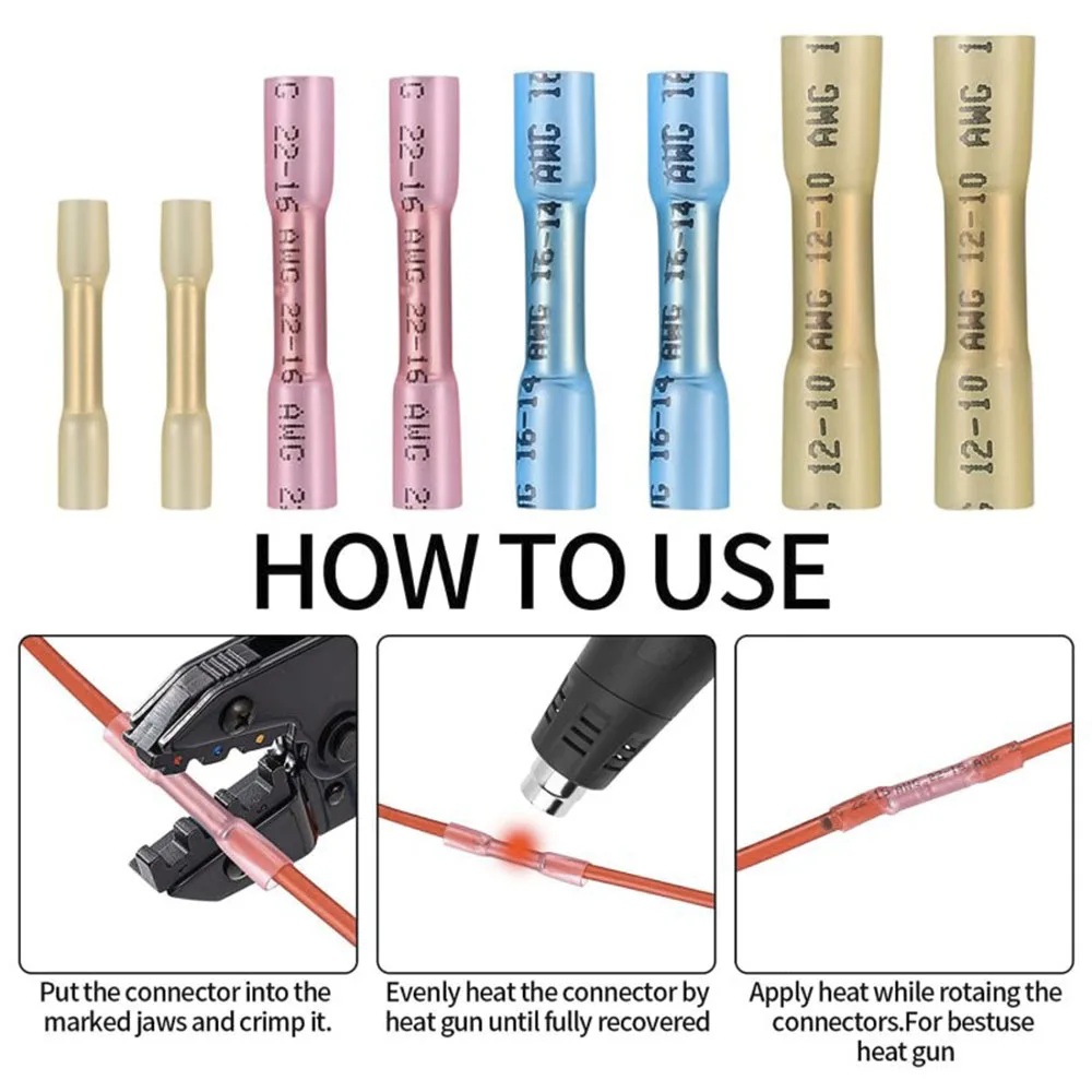 

100 шт. термоусадочные стыковые соединители, комплект соединителей для электрических проводов 10-26AWG, изолированные водонепроницаемые обжимные клеммы