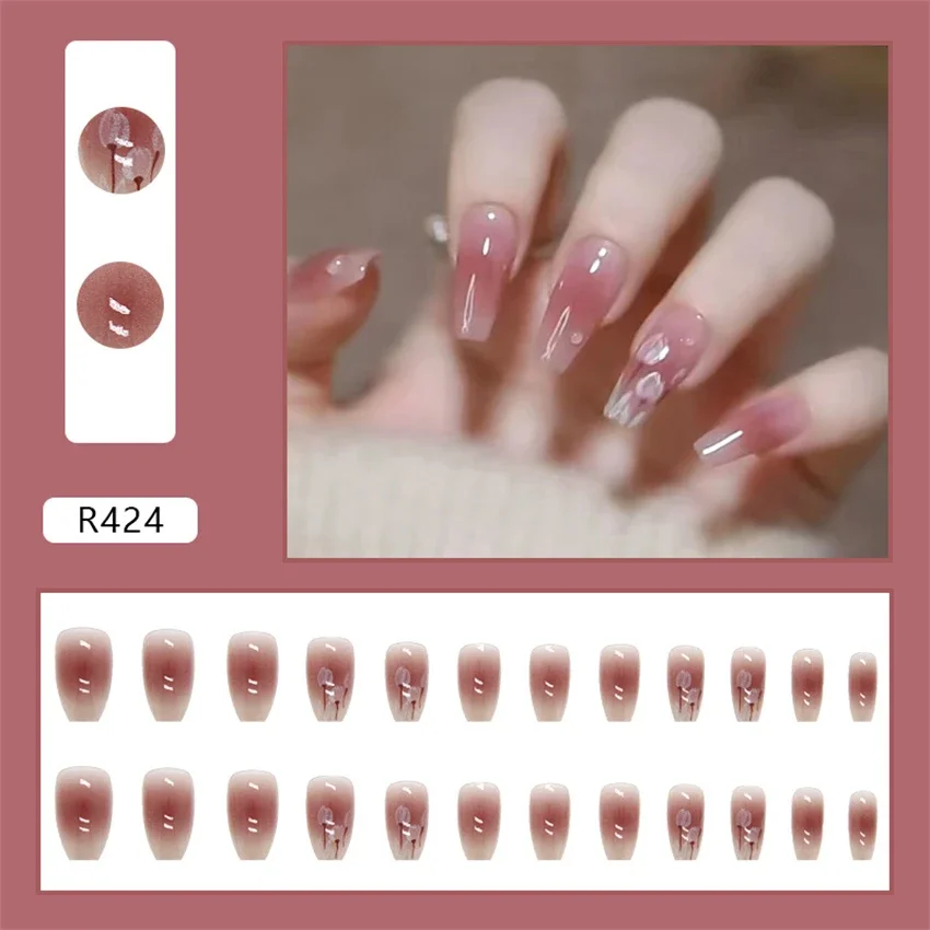 24Pcs/Set French Cute Short Wearing Fałszywe paznokcie Frosted Childish Sztuczne sztuczne paznokcie Full Cover Adhesive Press on Nails Tips