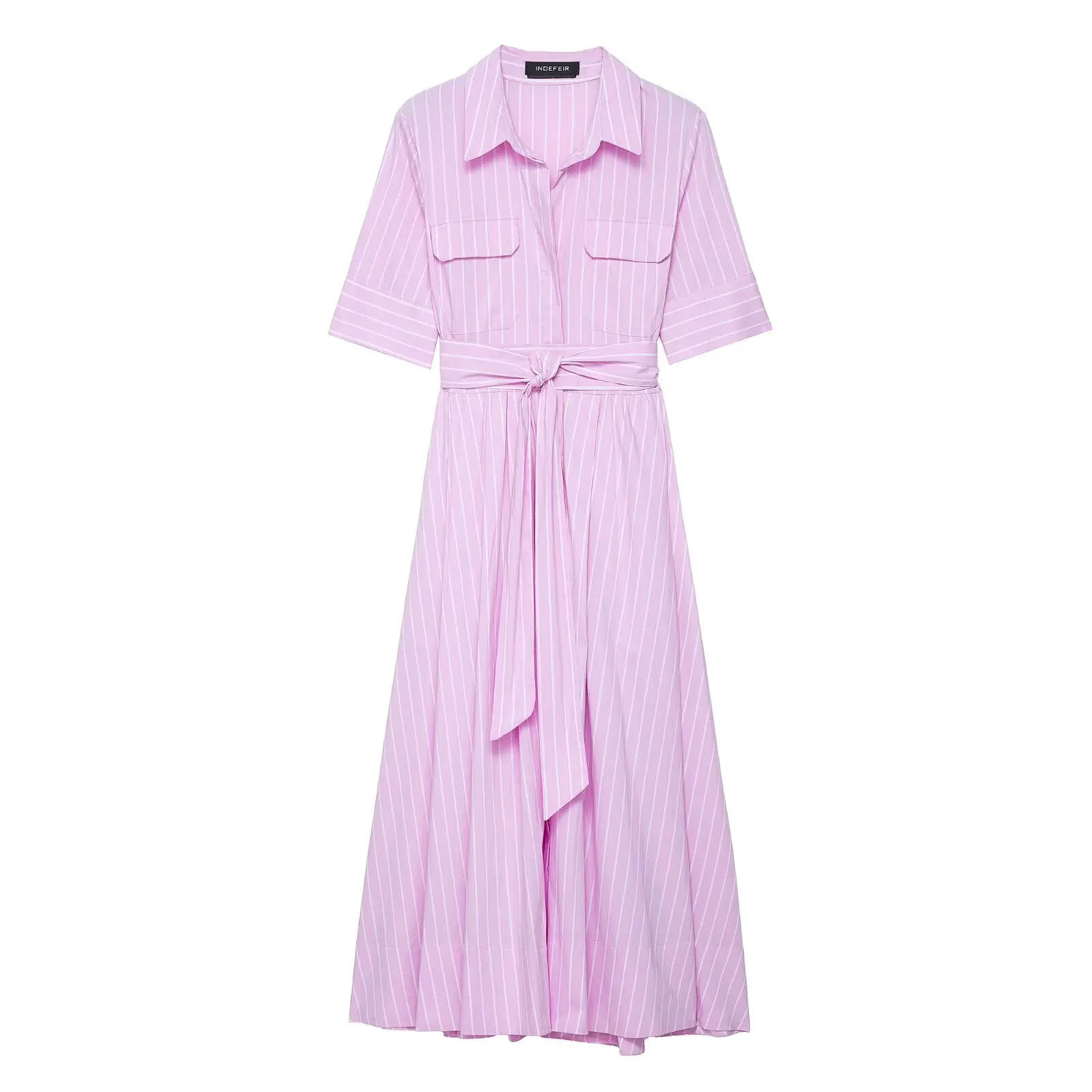 HH Vrouwen Mode Revers Korte Mouw Pocket Single-Breasted Riem Versieren Midi Jurk Vrouwelijke Zomer Elegante Slanke Geplooide Jurk