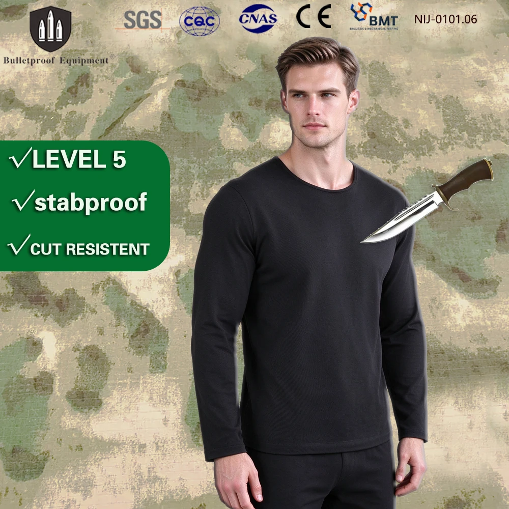 Level 5 Soft Concealable Stab Resistant Long Sleeve T-shirt Anti-Knife Anti-Slash Cut Proof Shirt  Invisible Body Protection