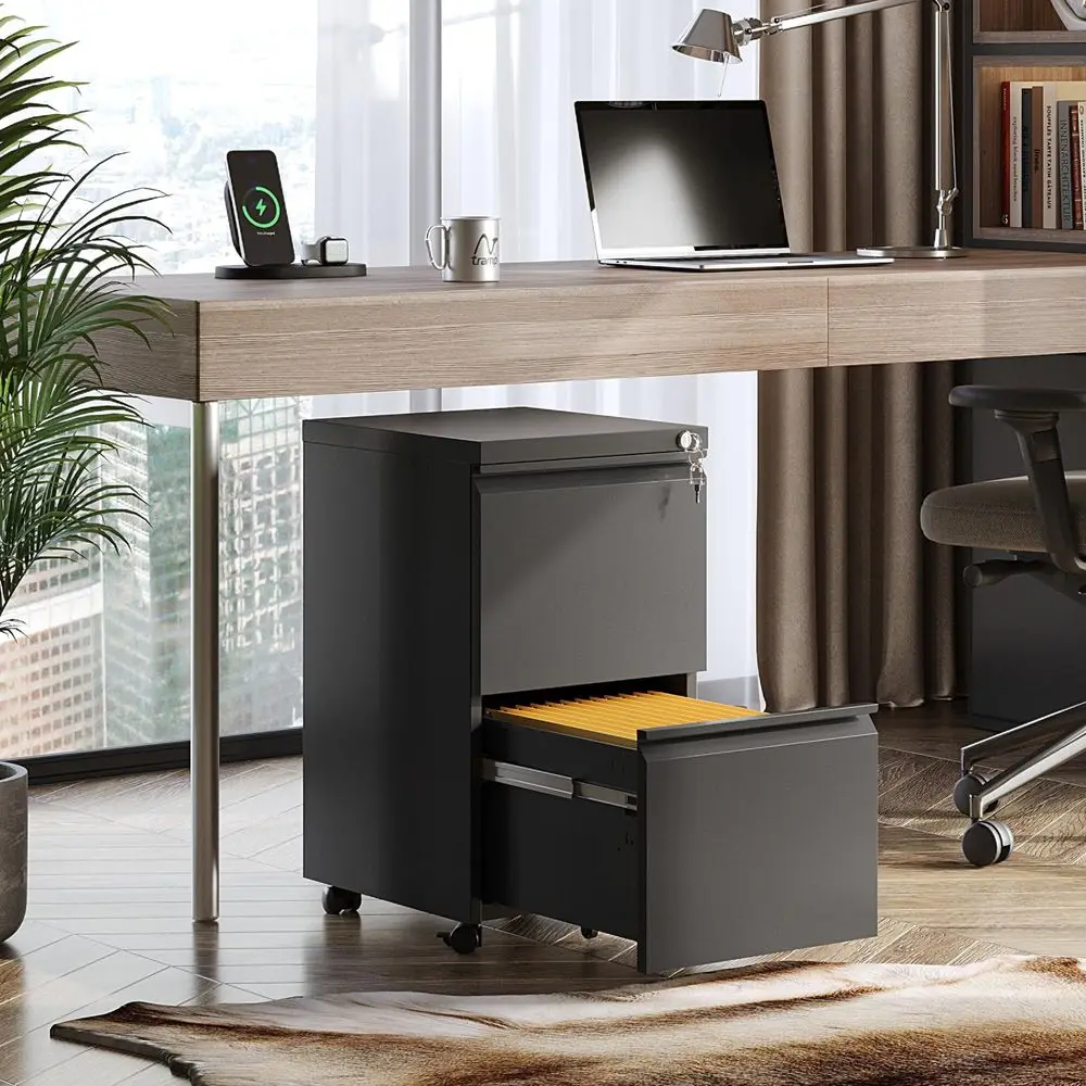 

2 Drawer Metal File Cabinet, Fully Assembled, Under Desk, Black, Lock, Fits Letter Legal A4 Size Files