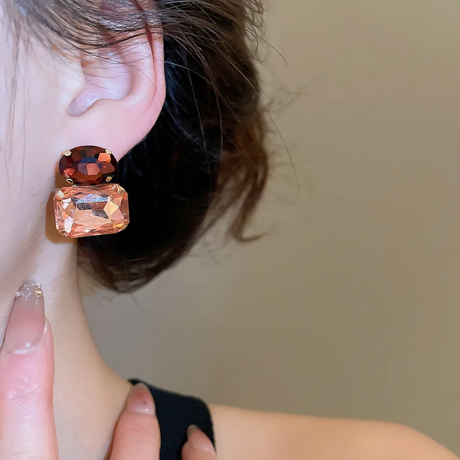 Neue Vintage Blaue Kaffee Quadratische Ovale Strass-Ohrstecker für Damen, Glänzende Kubische Geometrische Ohrstecker für Alltag und Festlichkeiten, Bijoux – Detail 10