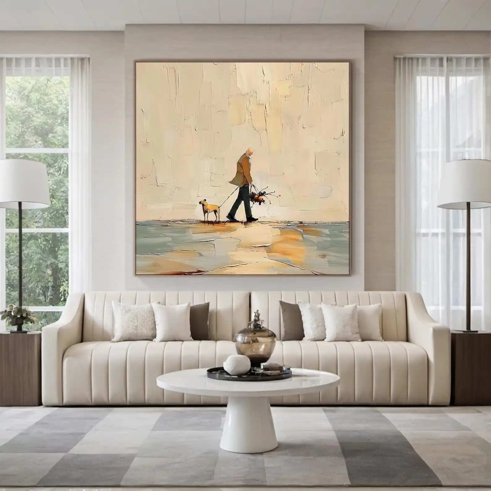 Mhemyo Large Original Minimalist Hand Painted Painting on Canvas Neutral Figurative Wall Art with Man and Dog Modern Home Decor