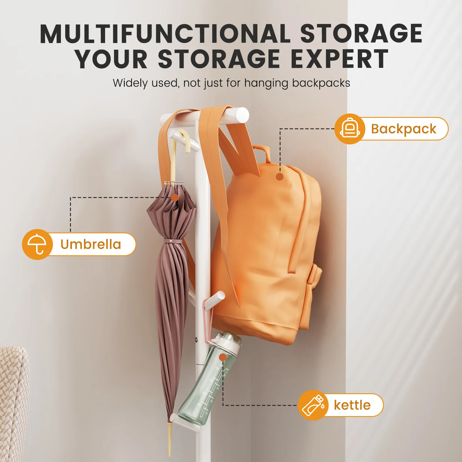 شماعة حقيبة مدرسية قائمة على الأرض، معطف وغرفة النوم ورف القبعات، رف حقيبة ظهر للأطفال، خطاف مكتب، قطعة أثرية لوضع حقيبة السرير بجانب الطاولة