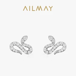Ailmay Fashion 925 Sterling Silver Cute Animal Little Snake Earrings Sparkling CZ For Women Girls Anti-Allergy Fine Jewelry Gift