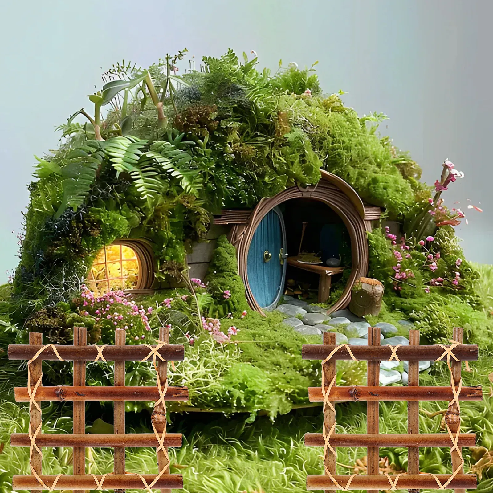 Bonsai Garden Landscape Design - รั้วไม้ไผ่ขนาดเล็ก 2 ชิ้น ดีไซน์แบบตะแกรง สำหรับตกแต่งบอนไซ จัดสวนขนาดจิ๋ว