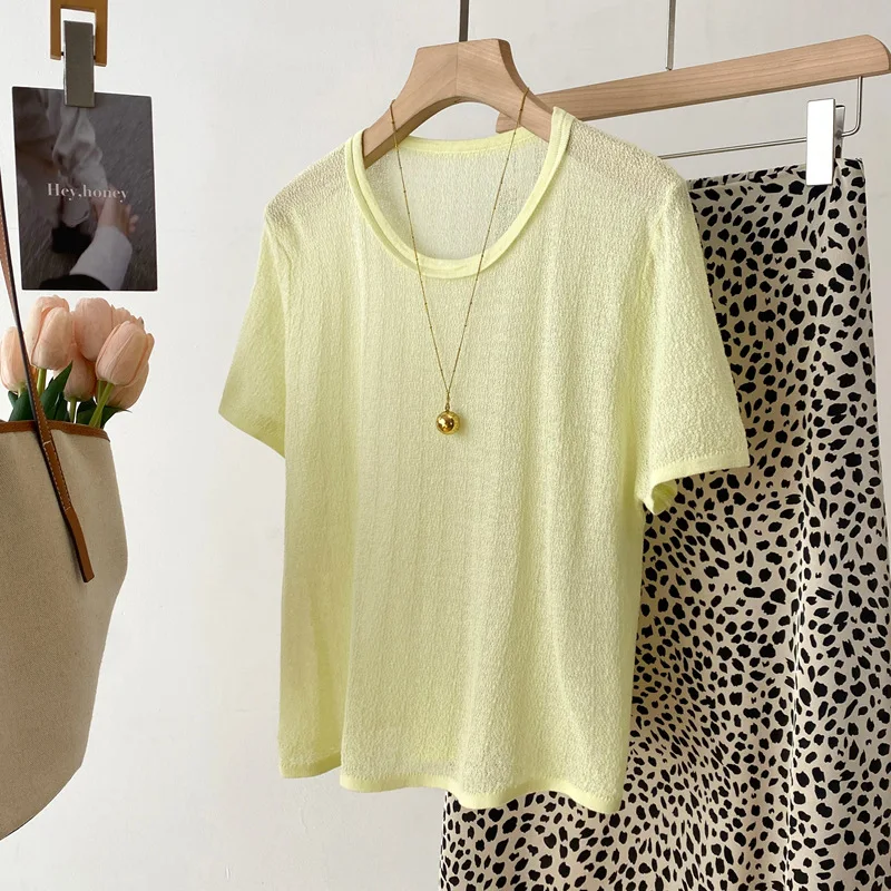 

Dave&di 26 Summer New Product Water Ripple Thin Breathable Short Sleeve Knitted Shirt Lyocell Linen Round Neck Top