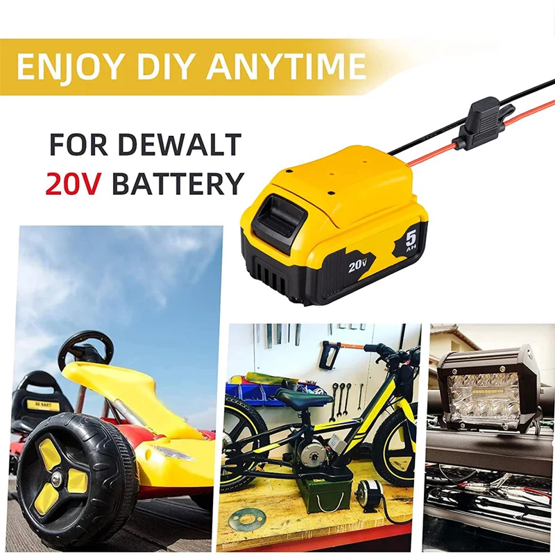 Adaptador DIY para Dewalt, Bateria de lítio 18V 20V com fusível, Adaptador de rodas 12AWG Power para DEWALT DCB205 DCB206 para RC Car Robotics
