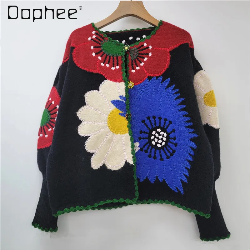 

Vintage Color-Block Floral Embroidery Elegant Knitted Cardigan Women Autumn Winter Trendy Personality Loose Casual Cardigan