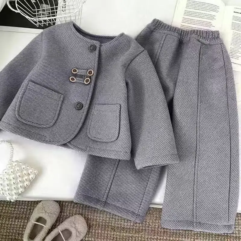 

Children's Korean Style Set - Girls Spring Autumn Thickened Round Neck Coat & Straight Leg Pants, Casual Warm Outfit 80-130CM