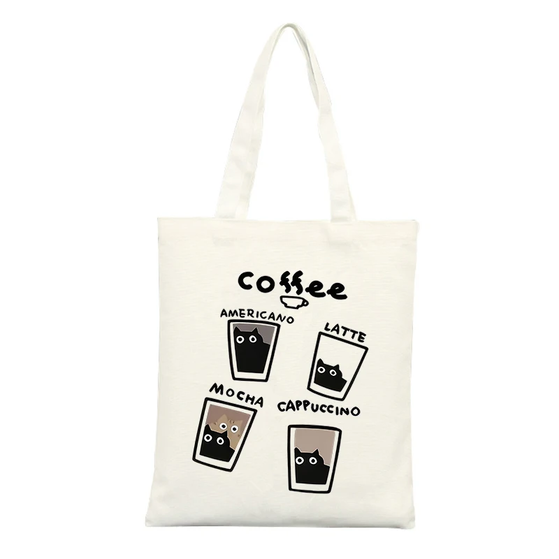 Canvas Tote Bag with Cat and Coffee Graphic, Ideal for Casual Daily Use and Coffee Outings