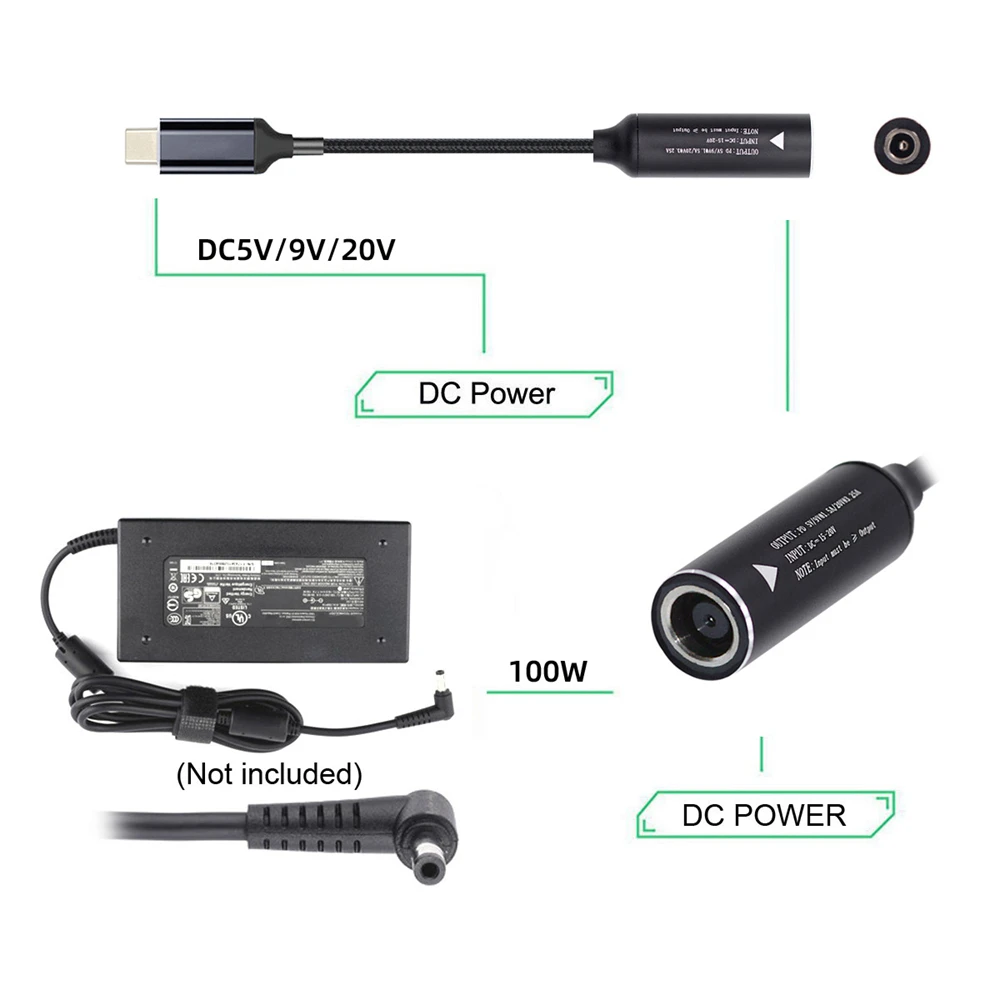 DC Jack Input to USB-C Type-C Power 100-140W Charge Cable for Laptop Phone PD9V 5V 20V