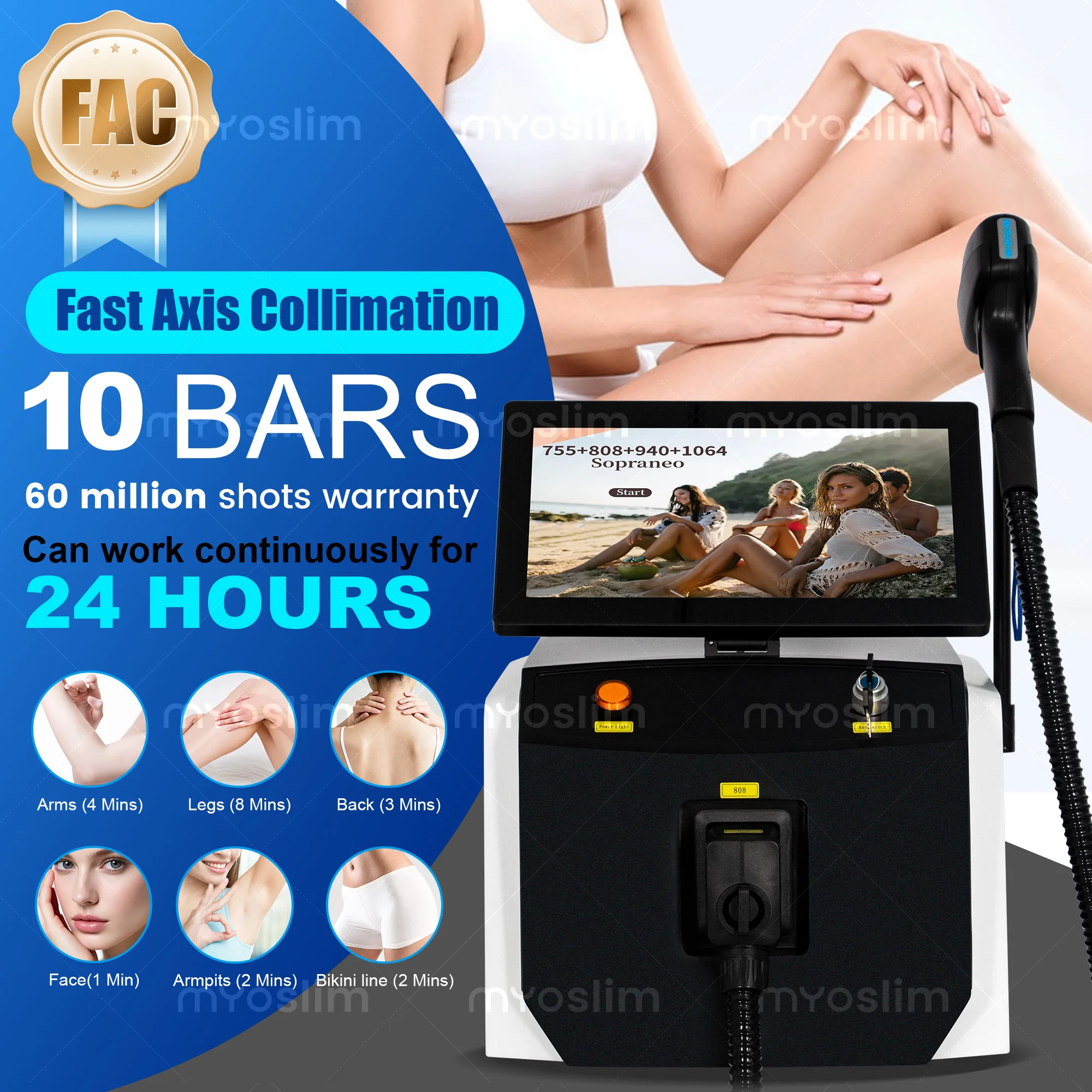 Professional 10Bars 4 Wavelength Diode Beauty Device 755 808 940 1064nm Stable Energy Salon Hair Care Cosmetic Equipment