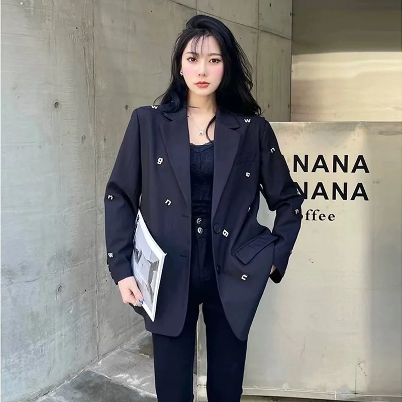 New Fashion Women Loose Blazer Suit Coat 2023 Autumn Long Sleeve Notched Collar Single Breasted Letter Korean Jacket Suit Tops