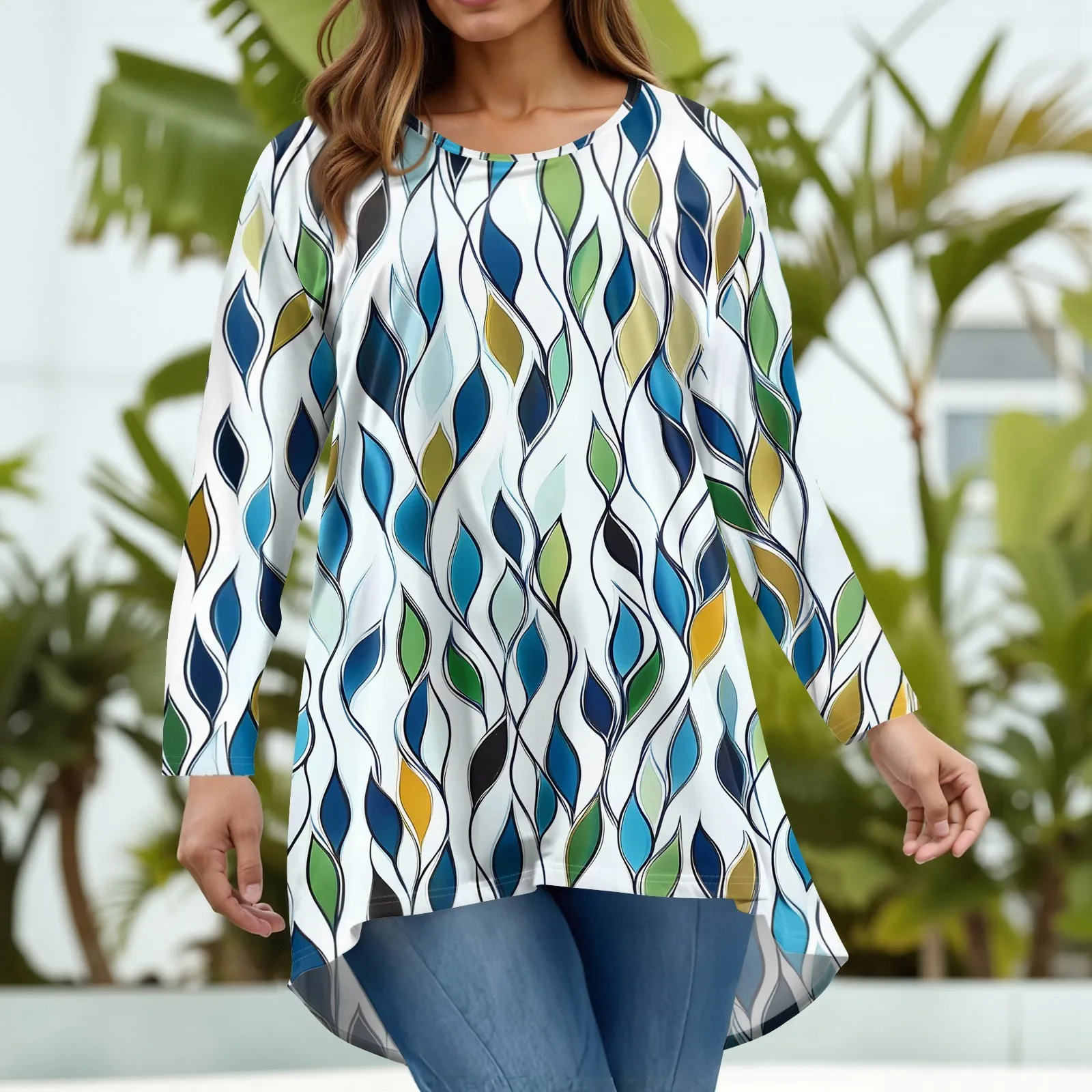 بالإضافة إلى حجم الربيع الخريف البلوز المرأة أزياء عارضة جولة الرقبة طويلة الأكمام فضفاضة تي شيرت الرجعية الأزهار طباعة السترة أعلى