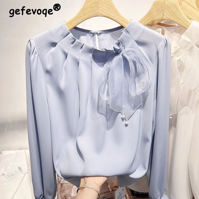 Blus wanita sifon kerut lengan panjang, atasan longgar lengan panjang leher-o gaya Korea, kemeja komuter elegan elegan, blus kantor, sifon bertali pita