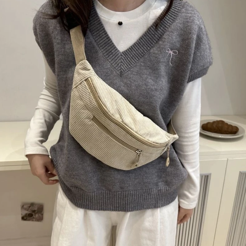 Fresh Style Korean Version Handbags Lightweight Corduroy Fanny Pack Crossbody Bag Fashionable Retro Style Casual Chest Waist Bag