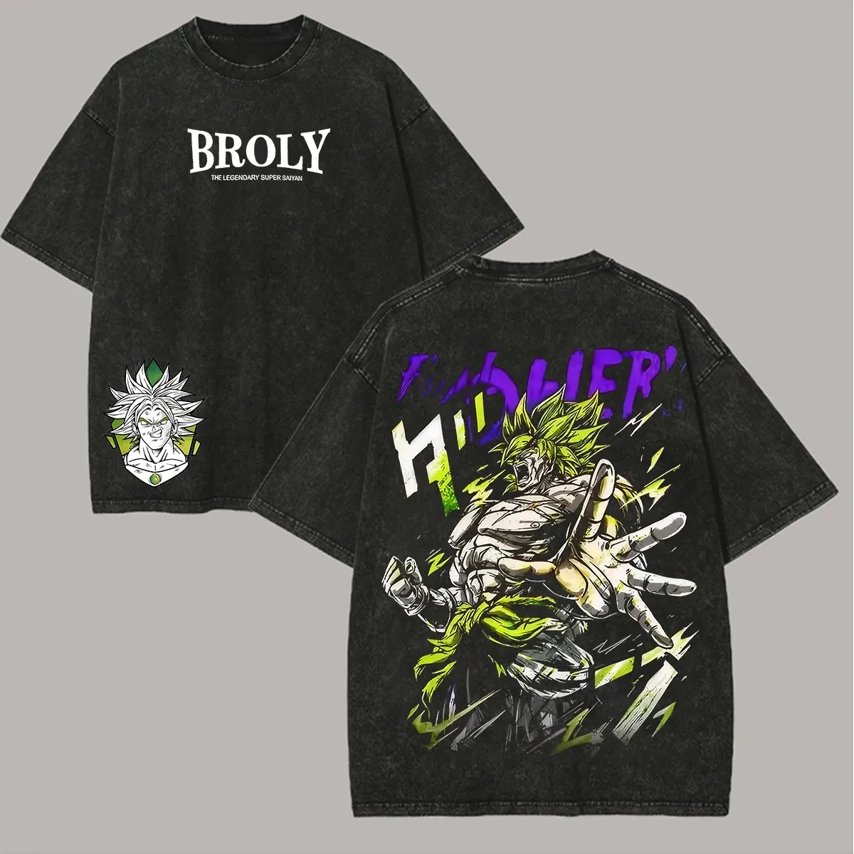 Broly T-Shirt für Herren Acid Wash Übergroß Anime Legendärer Super Saiyajin Baumwolle Vintage Gym Streetwear Grüne Energie Grafik-Rückseite Top