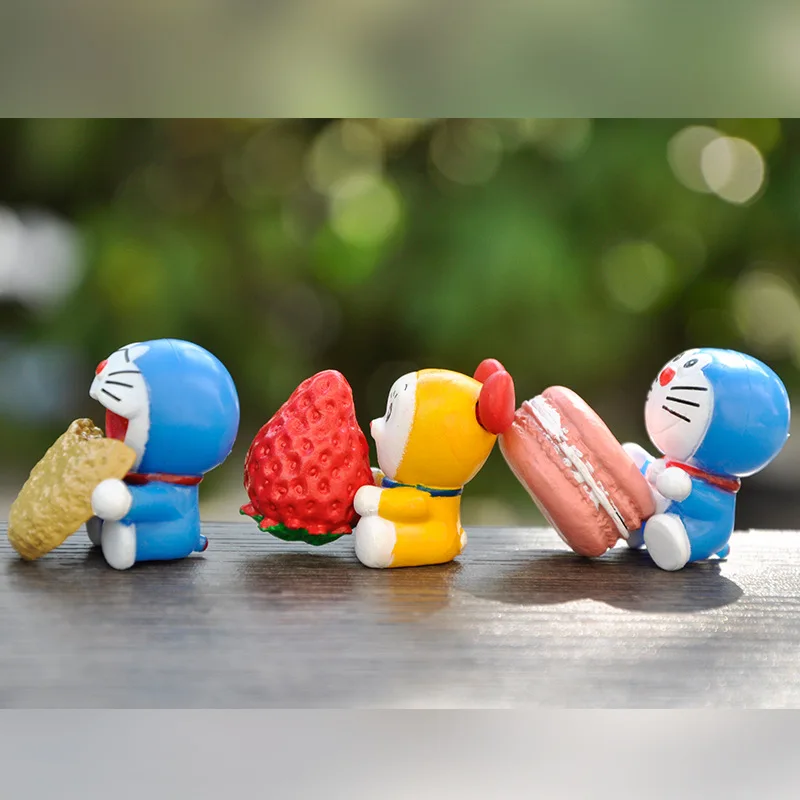 6Pcs Doraemon Strawberry Donuts Ice Cream Chocolate Mini Q Version Car Decoration PVC Action Figures Dolls Model Toys Gifts