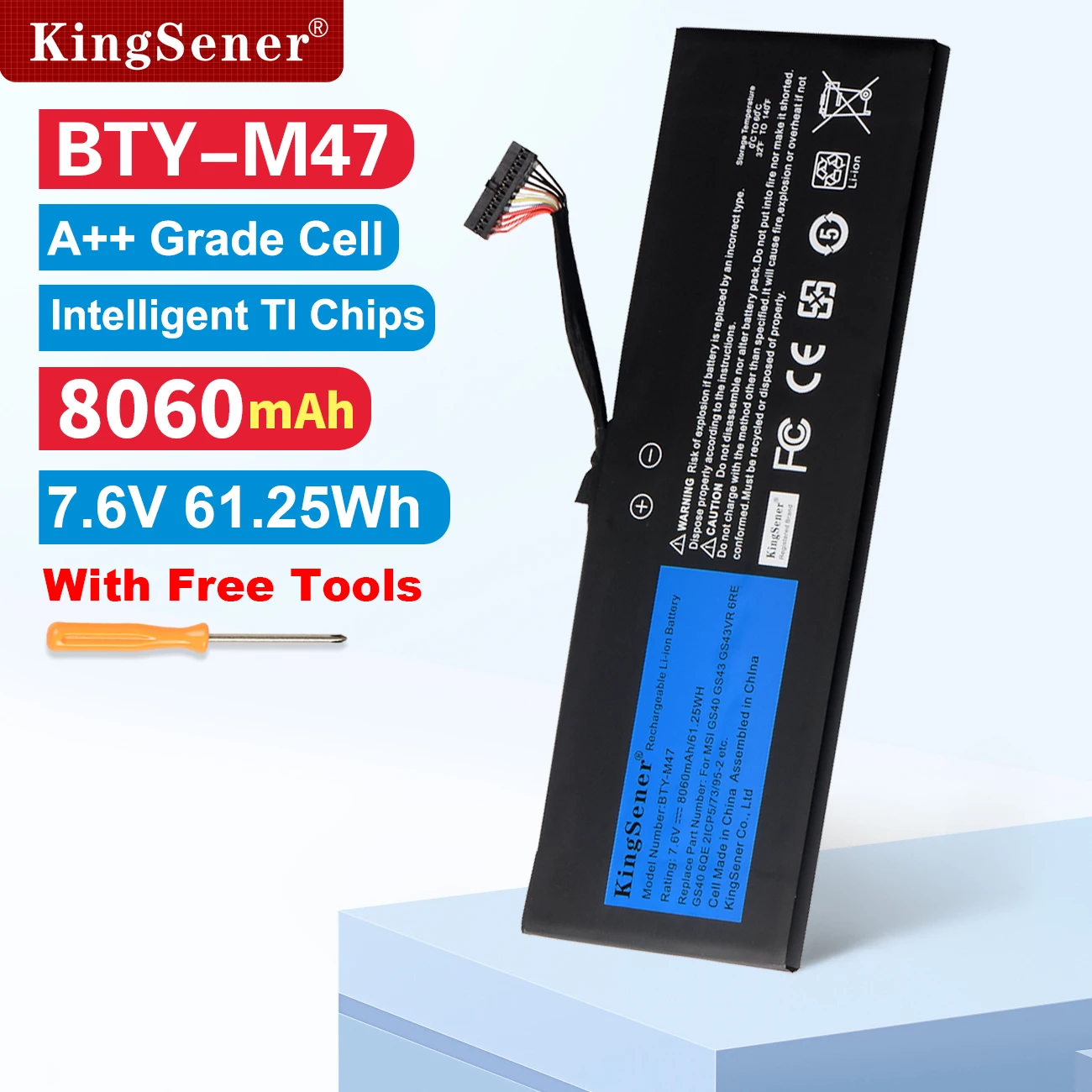 KingSener BTY-M47 Laptop Battery for MSI GS40 GS43 GS43VR 6RE GS40 6QE 2ICP5/73/95-2 MS-14A3 MS-14A1 7.6V 8060mAh Free Tools