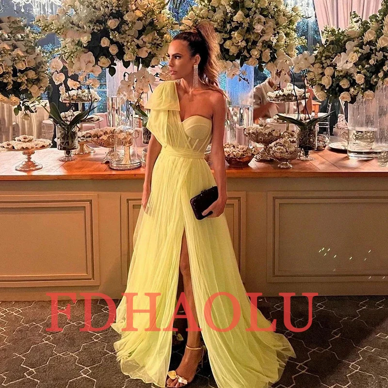 Customized A Line Tulle Fuschia Prom Dress One Shoulder Bones Slit Floor Length Women Evening Dress Long Formal Occasion Dress