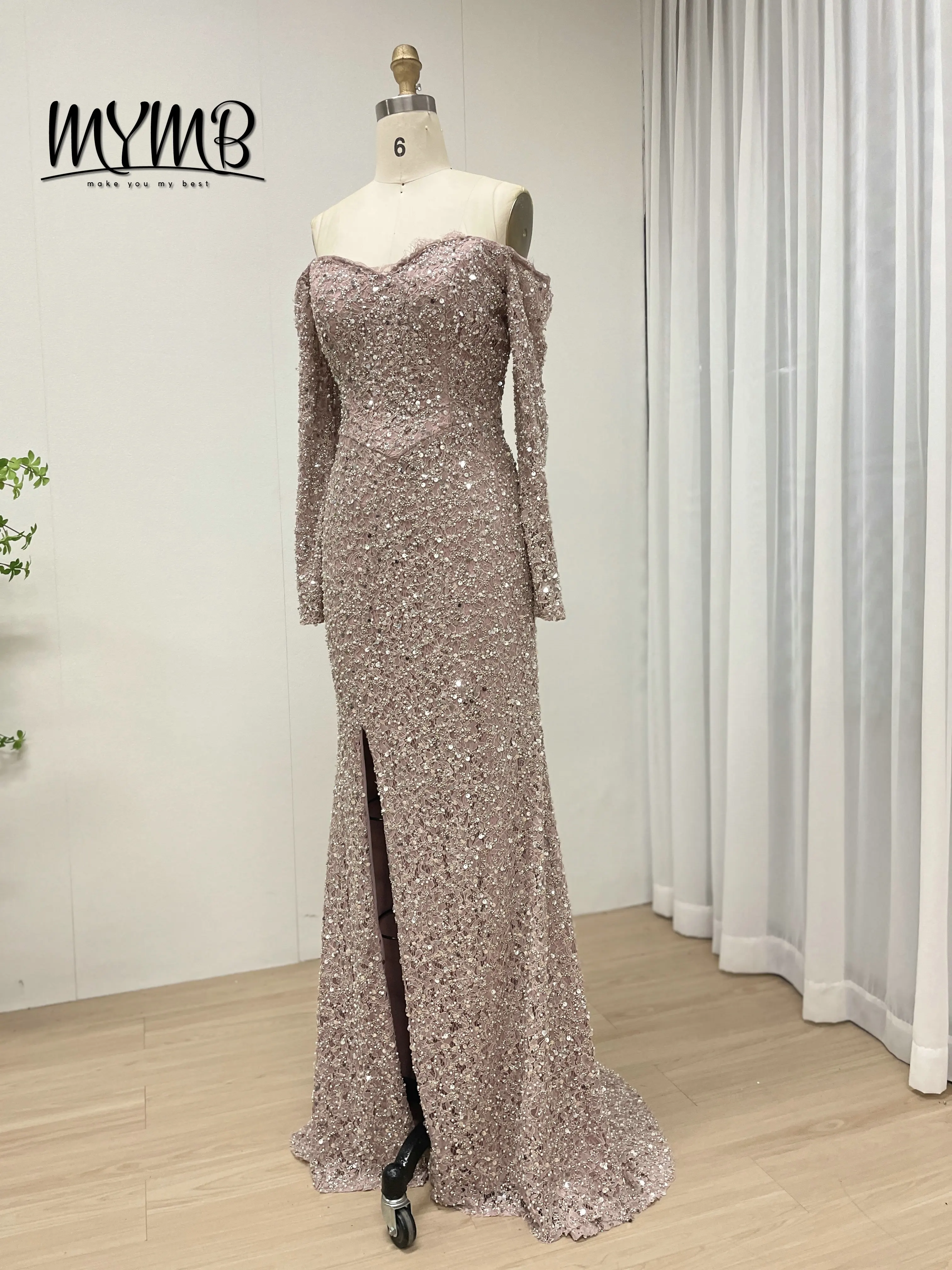 Mymb rosa vestidos femininos senhora elegante para chá alto mangas compridas sereia vestido de casamento formal luxo cristal frisado vestido my30170