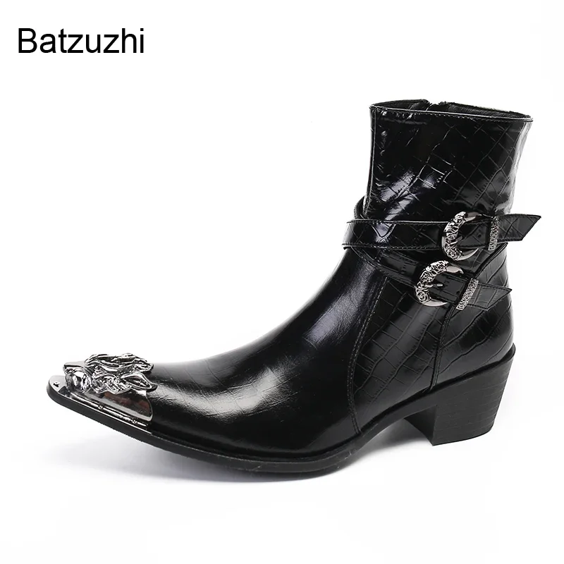 Batzuzhi Rock Western Cowboy Men Boots Pointed Metal Tip Black Leather Short Boots Men Punk Motorcycle/Knight Boots for Men!