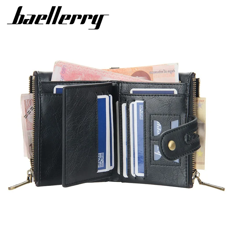 Baellerry Business Wallet Double Zipper Chain Triple Fold Multi-Card Men's Short Card Clip Large Capacity Fashion Coin Bag