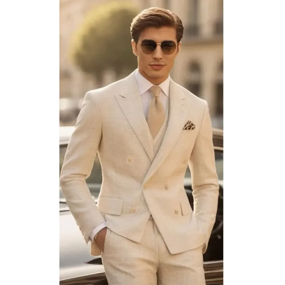 

Handsome Light Color Suit For Men Double Breasted Peak Lapel Two-pieces (Jacket+Pants) Slim Fit Business Banquet Trajes Para Hom