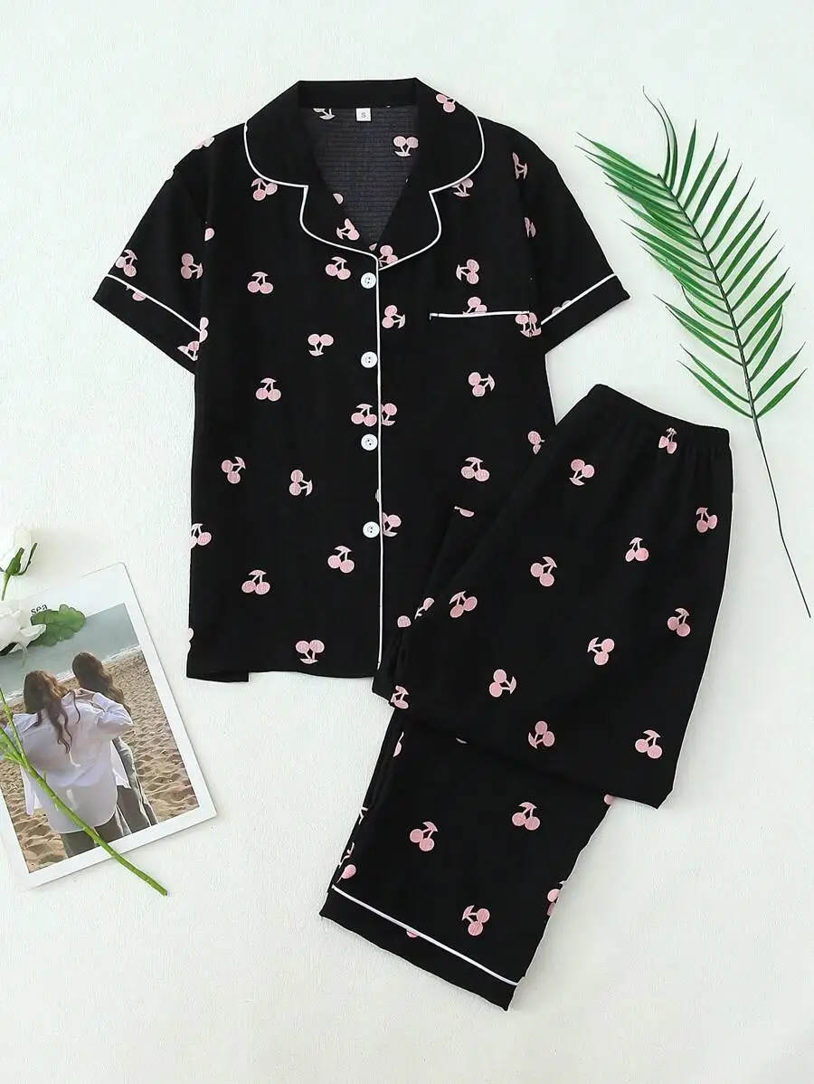 

Women Cherry Print Short Sleeve Buttoned Pajama Set With Shorts Home Sleepwear