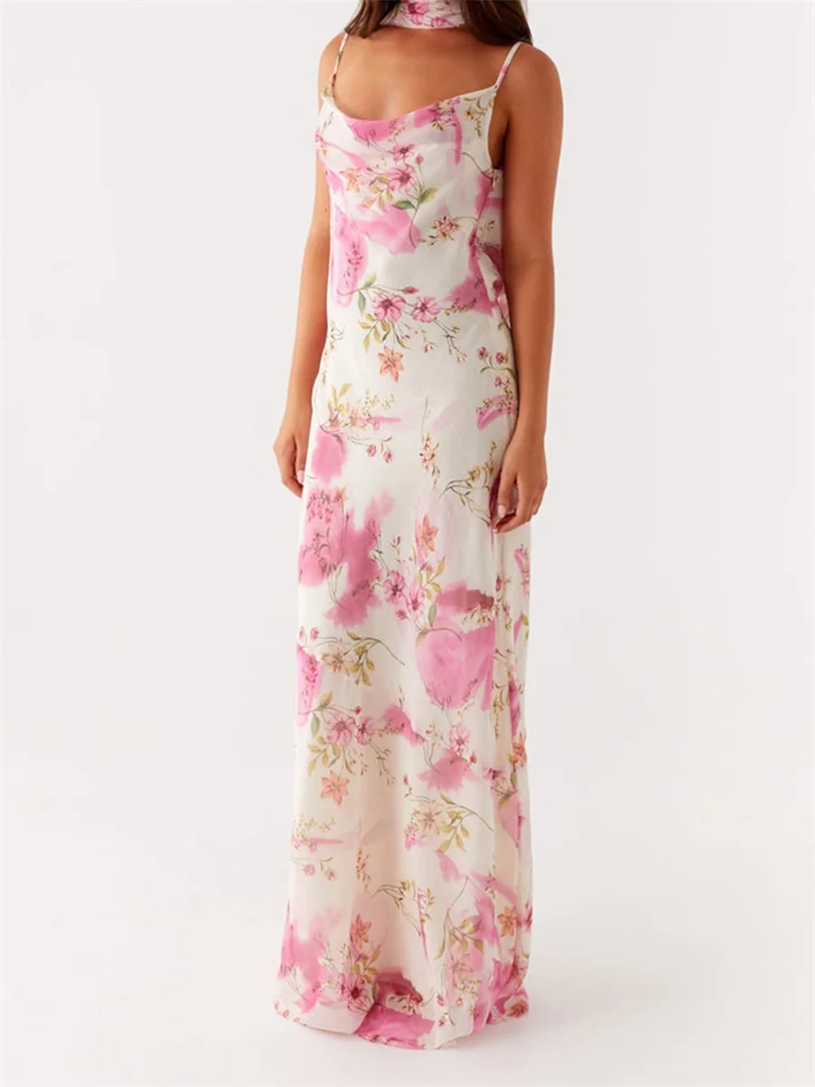 ผู้หญิงฤดูร้อน Cami ชุดสปาเก็ตตี้สายคล้องคอพิมพ์ลายดอกไม้ชุดยาวแฟชั่นชุดลําลองพร้อม Choker ผ้าพันคอ