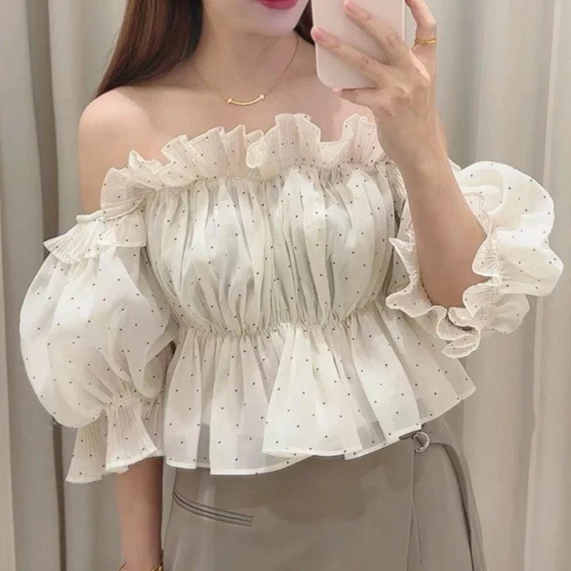 

Fungus Pleated Slash Neck Off Shoulder Solid Blouse Women Sweet Retro Slim Waist Puff Sleeve Chiffon Shirts Polka Dot Blusas