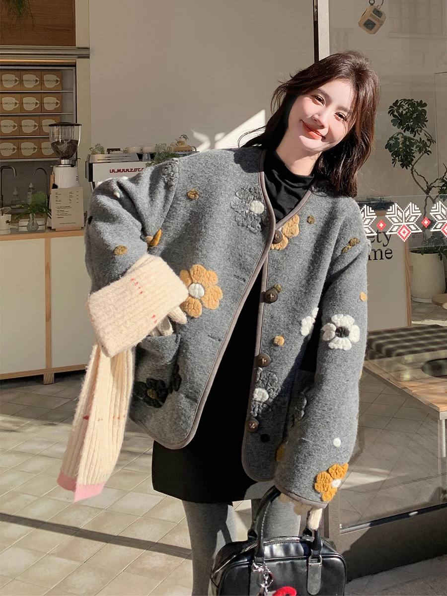 

Thiened ort Women's Woolen Coat White Du down Inner Stand Flower Design Commute Sle Korean Version Loose Fit Long Sve