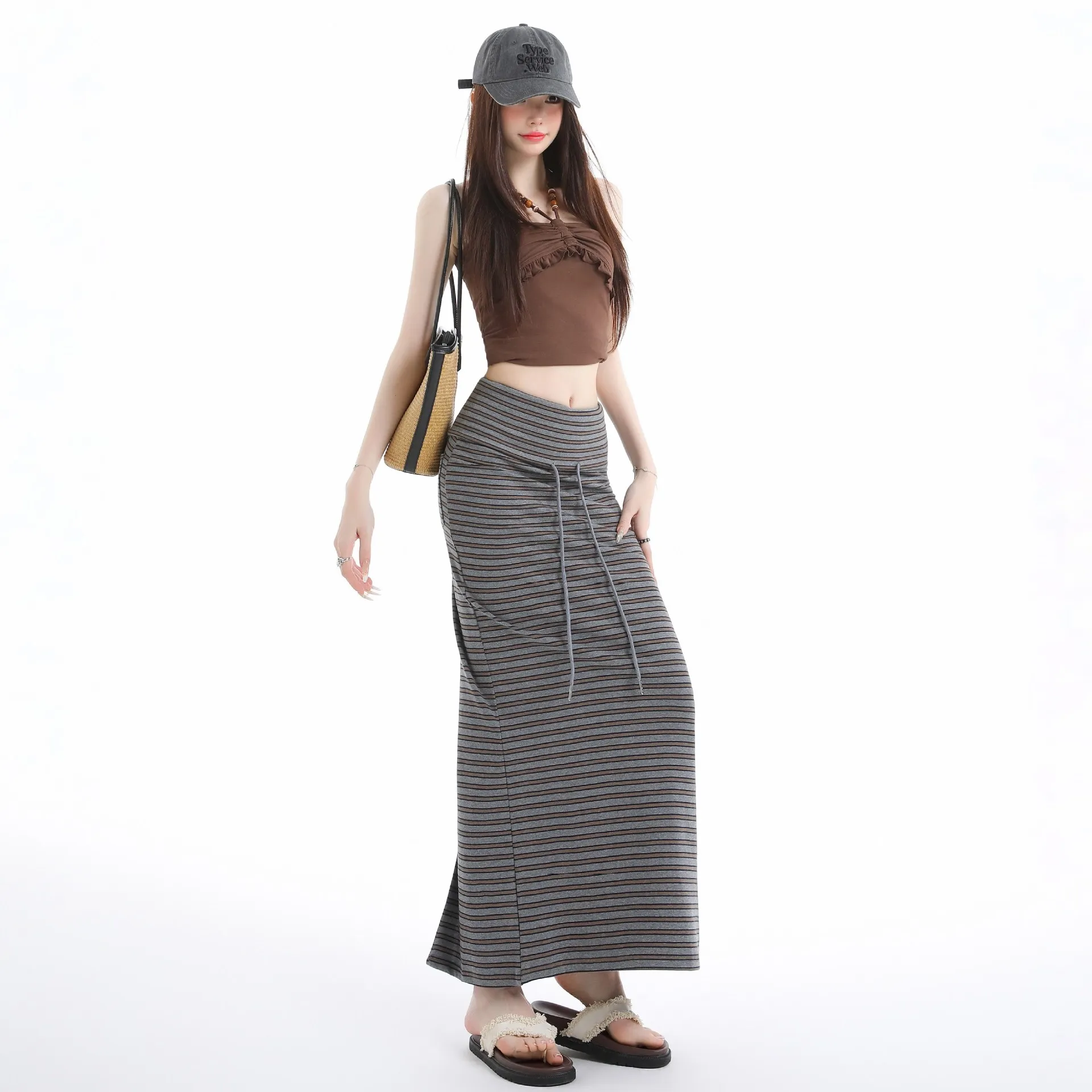 Summer Casual Women Striped Drawstring Straight Maxi Skirt High Waist Slim A Line Long Skirt Streetwear Bottoms