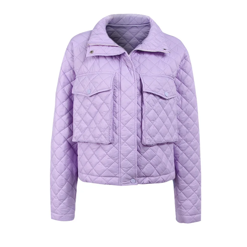 Women's Purple Short Cotton Jacket 2023 Women's Fall/Winter Slim Zipper Pocket Press Line Plaid Jacket Women's White Fashion