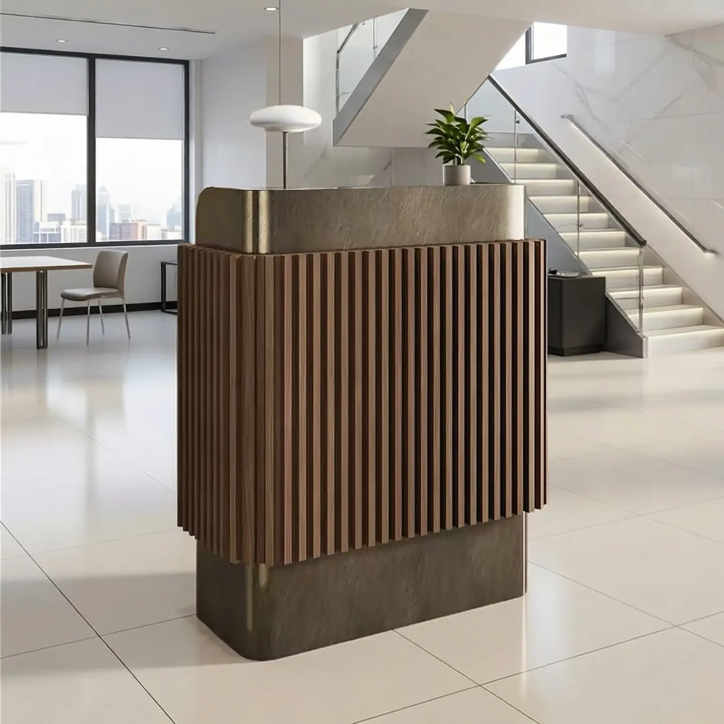 Simple restaurant Welcome desk Company front desk Wood grille Stainless steel hotel checkout page Reception desk
