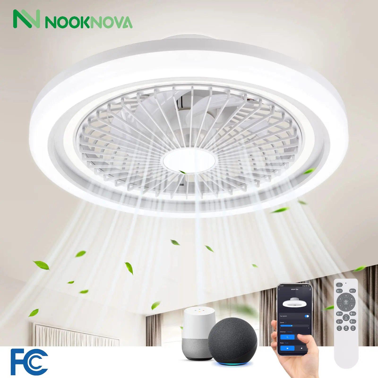 

NookNova 20" Modern Low Profile LED Ceiling Fan with Light and Remote, Indoor Flush Mount Enclosed Bladeless Fan Lights Ceiling