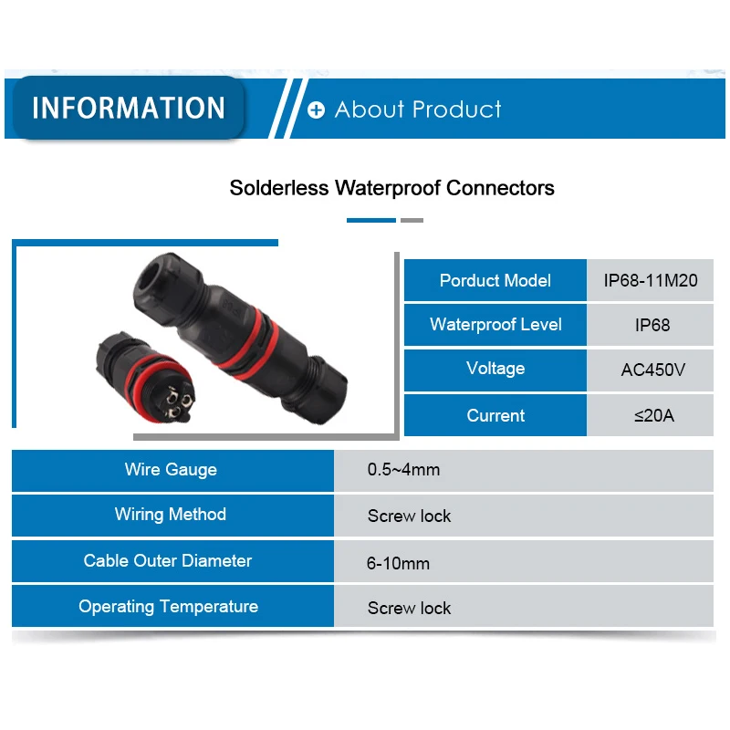 IP68 Electrical Waterproof Wire Connector 2Pin 3Pin 4Pin Assembly Type Sealed Connectors I-Type Outdoor Cable 6-10mm Terminal